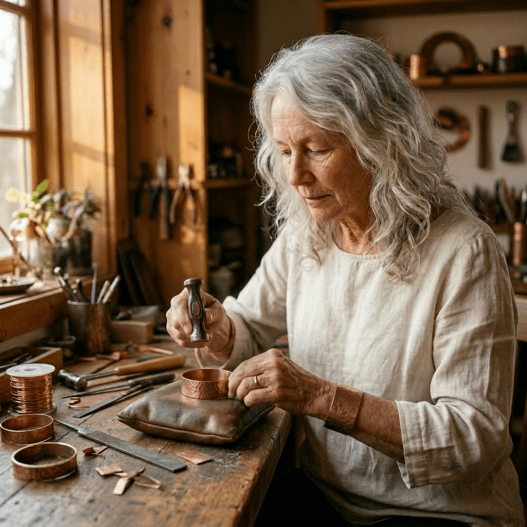 Vera Holloway at her Sedona workbench, wrapping the final collection of hand-hammered copper cuffs