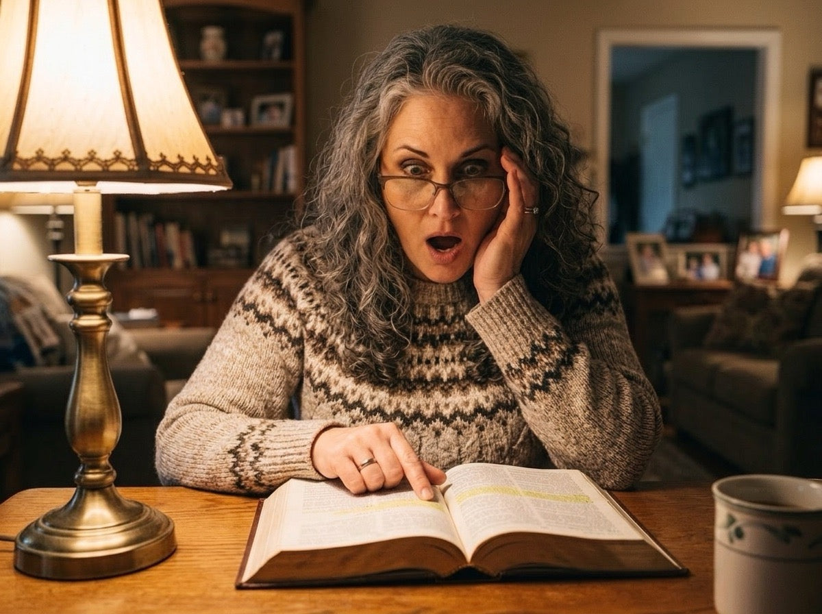 Sarah at her kitchen table at night, reading her Bible by lamplight