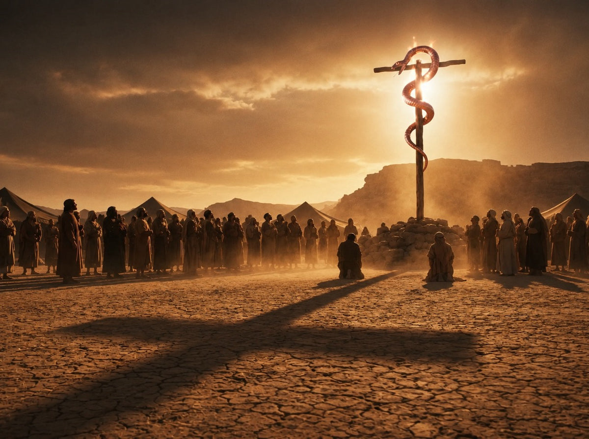 The copper serpent of Moses casting the shadow of a cross across the desert