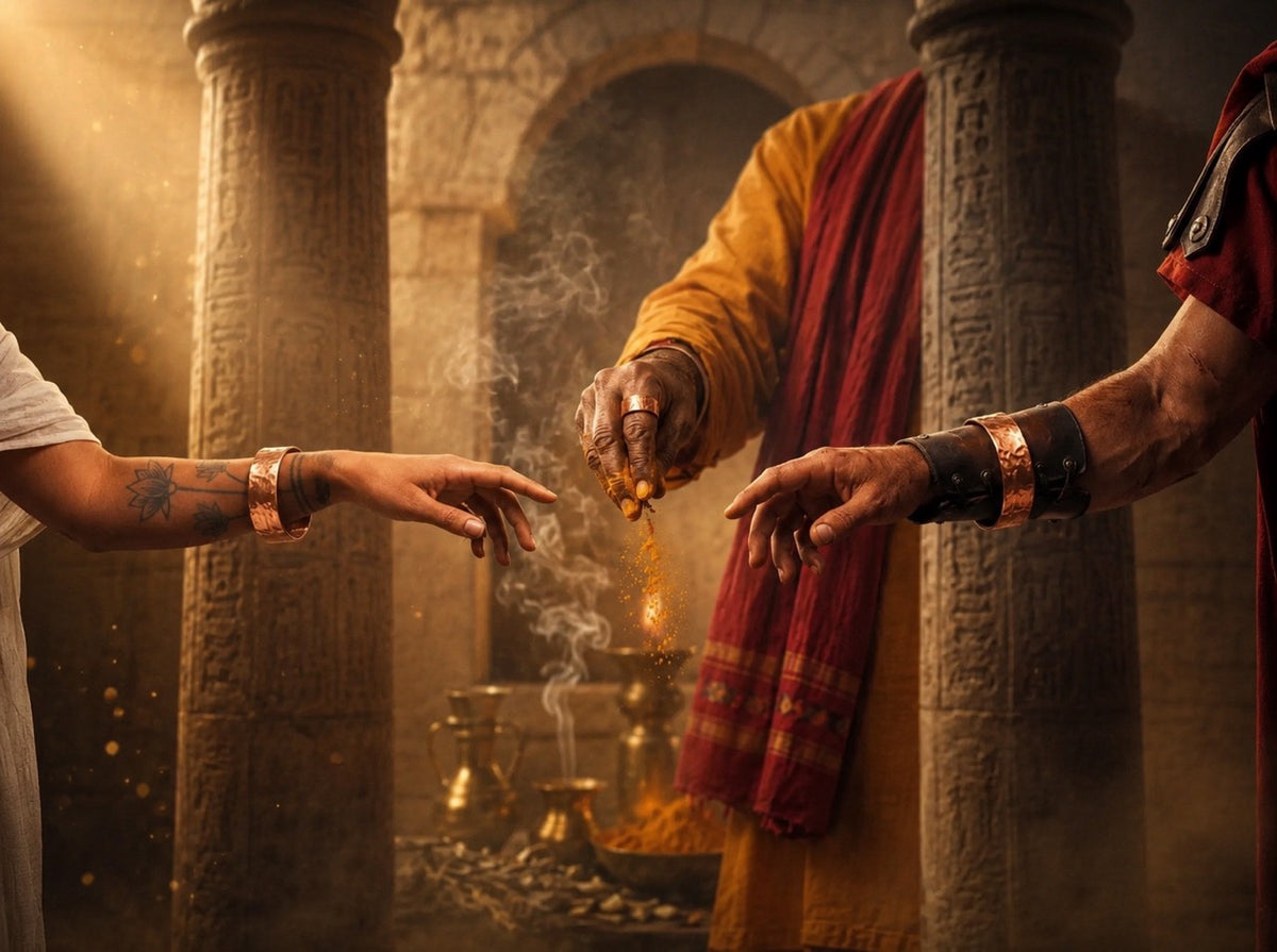Three civilizations across history — Egypt, India, Rome — all wearing the same copper band